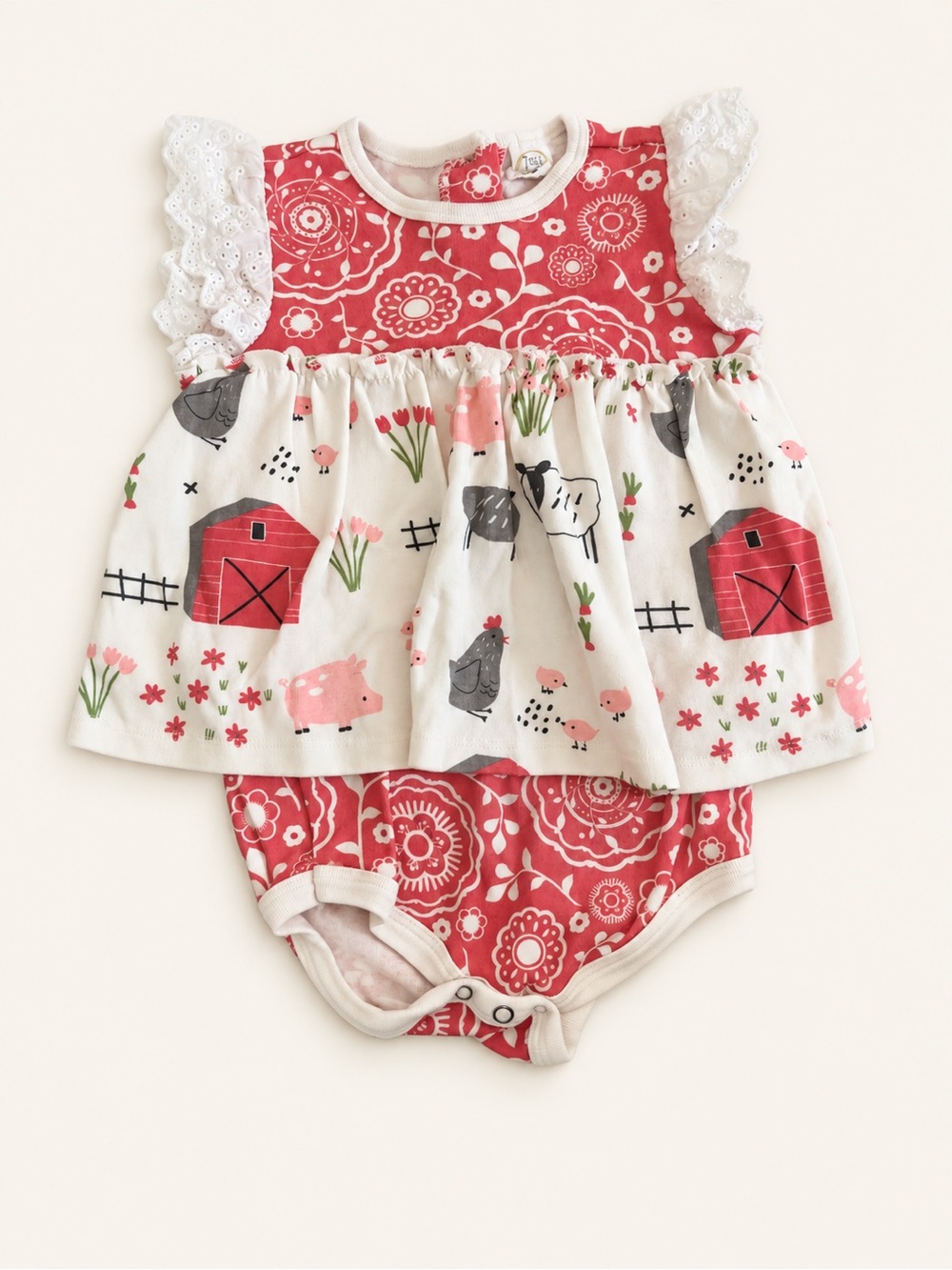 Baby Girls' Red & Cream Farm Print Dress Bodysuit